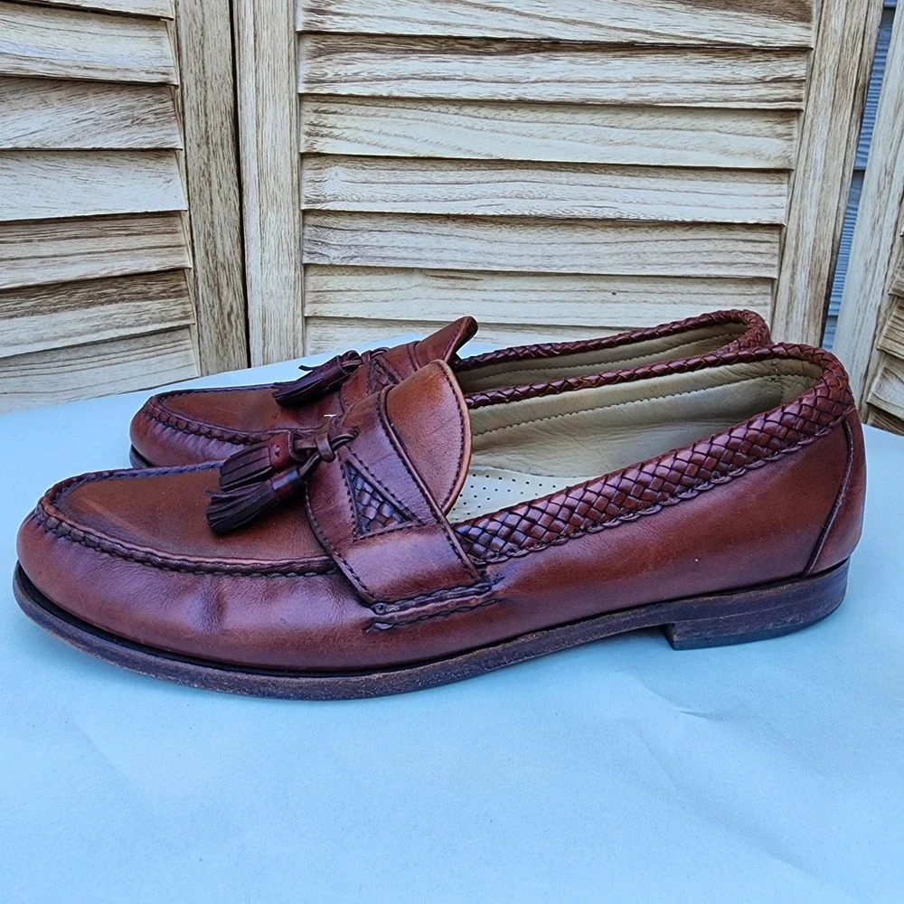 Allen Edmonds Sz 11 B Brown Leather Tassel Loafer Maxfield Woven Trim Preppy